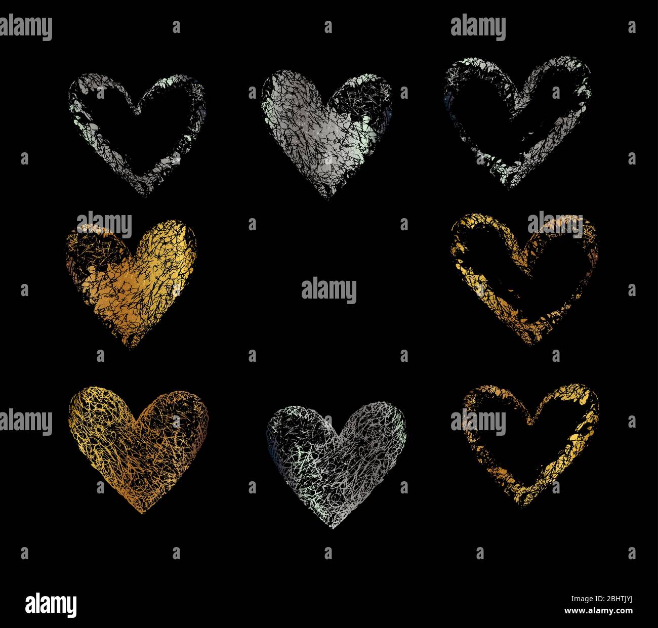 Jeu d'or de la main dessin coeurs isolés sur noir. Banque D'Images