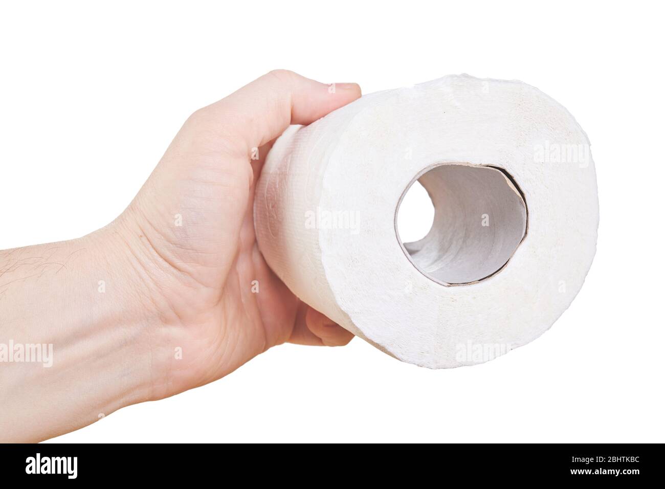 Homme tenant un rouleau de papier toilette blanc dans sa main. Gros plan. Banque D'Images