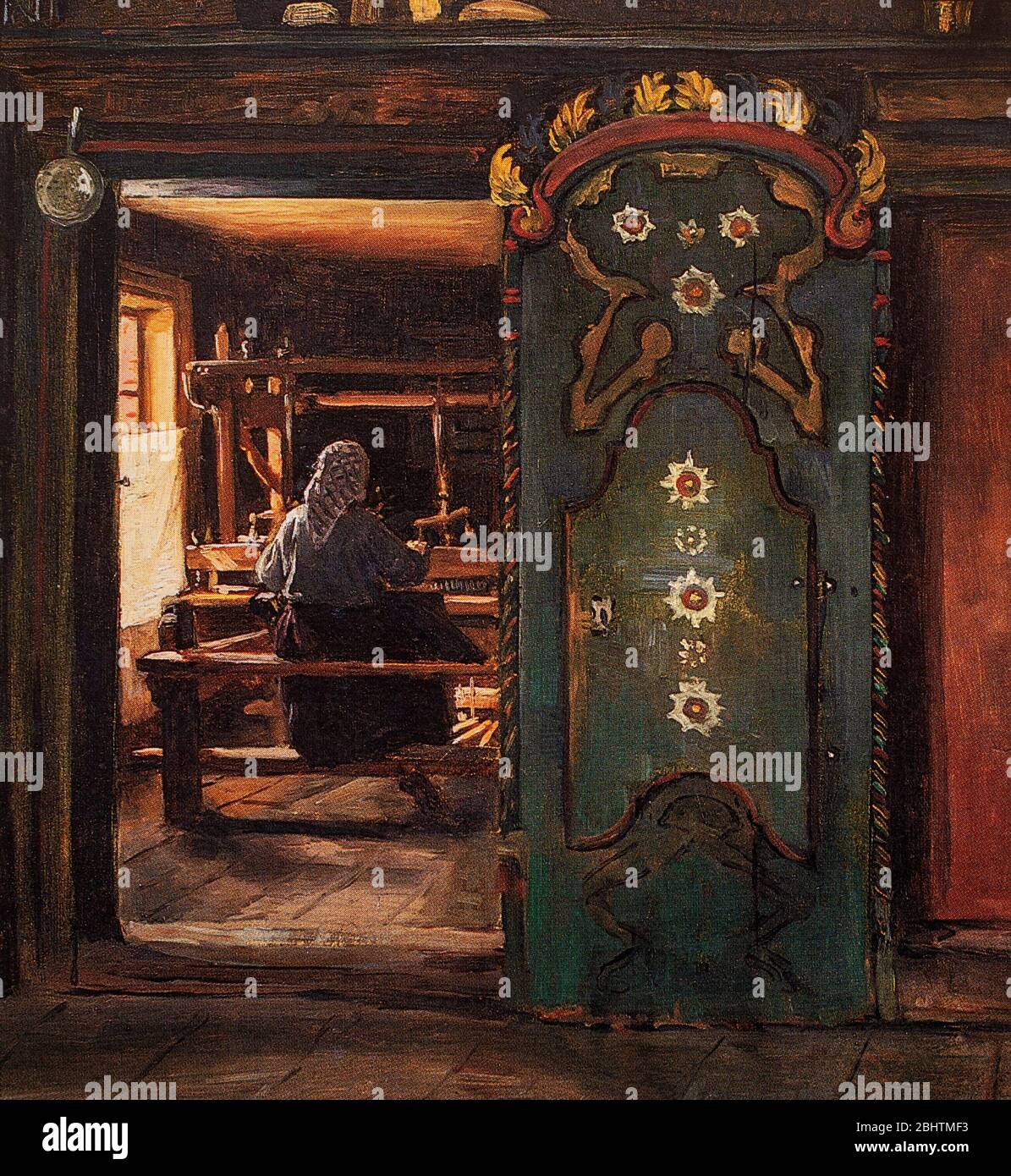 Au-delà d'une porte joliment décorée, une femme norvégienne du XIXe siècle se détrame chez elle sur un métier à main vertical. Ils ont fait de belles tapisseries avec des carrés et des étoiles multicolores pour faire des couvertures de lit pleines. Par Adolph Tidemand (1814-1876) Banque D'Images Au-delà d'une porte joliment décorée, une femme norvégienne du XIXe siècle se détrame chez elle sur un métier à main vertical. Ils ont fait de belles tapisseries avec des carrés et des étoiles multicolores pour faire des couvertures de lit pleines. Par Adolph Tidemand (1814-1876) Banque D'Images