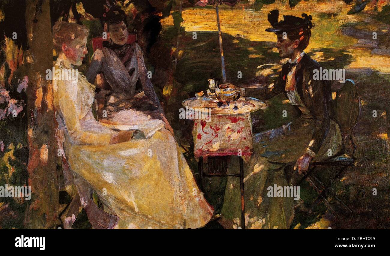 Les dames anglaises du XIXe siècle dans un jardin en plein air en après-midi. Peinture de Sir James Guthrie (1859-1930). Banque D'Images