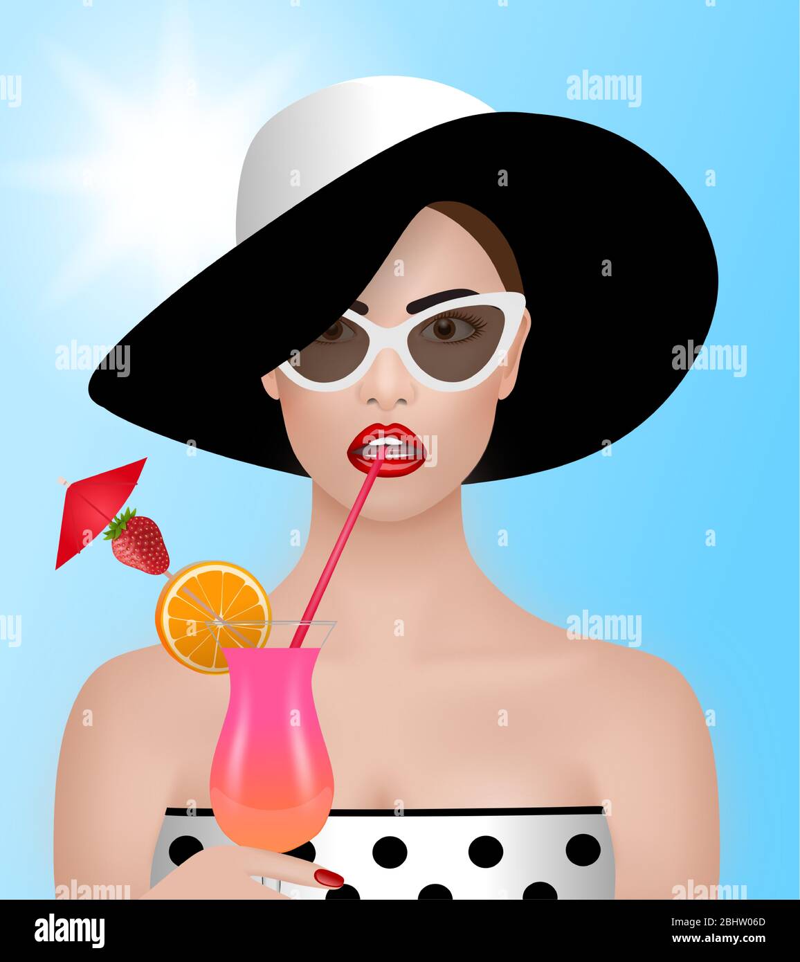 Fond d'été. Belle femme avec chapeau, lunettes de soleil et vecteur de cocktail Illustration de Vecteur