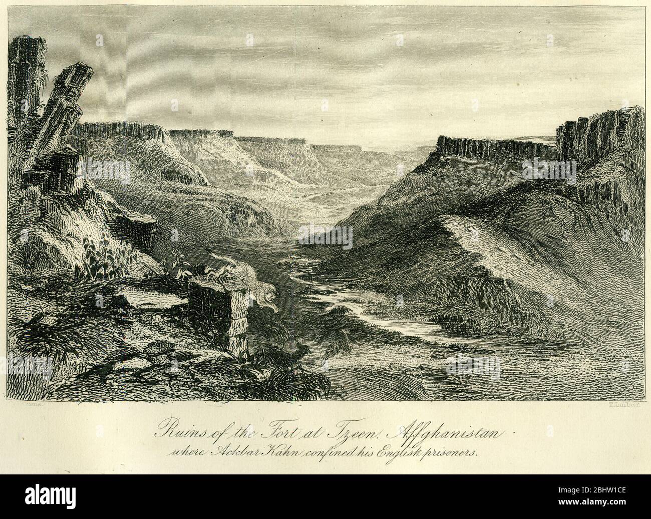 Gravure des vestiges d'une forteresse afghane où des prisonniers britanniques ont été détenus pendant la première guerre afghane en 1842 par Wazir Akbar Khan et plus tard traités dans l'une des pires défaites militaires de la Grande-Bretagne. L'armée d'Elphinstone a été massacrée au col de Gandamak avec un seul survivant. Banque D'Images