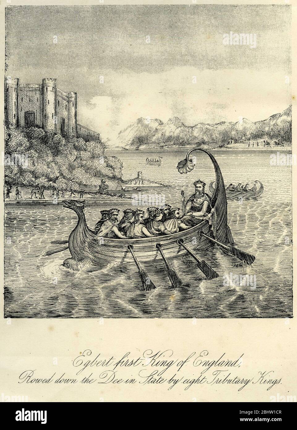 Gravure d'Ecgberht (771/775 – 839), aussi Egbert, Ecgbert, ou Ecgbriht, roi de Wessex de 802 jusqu'à sa mort en 839 et le premier roi d'Angleterre. Ici, il est chahuté par huit rois subordonnés sur la Dee River, la frontière traditionnelle entre l'Angleterre et le Pays de Galles. Banque D'Images