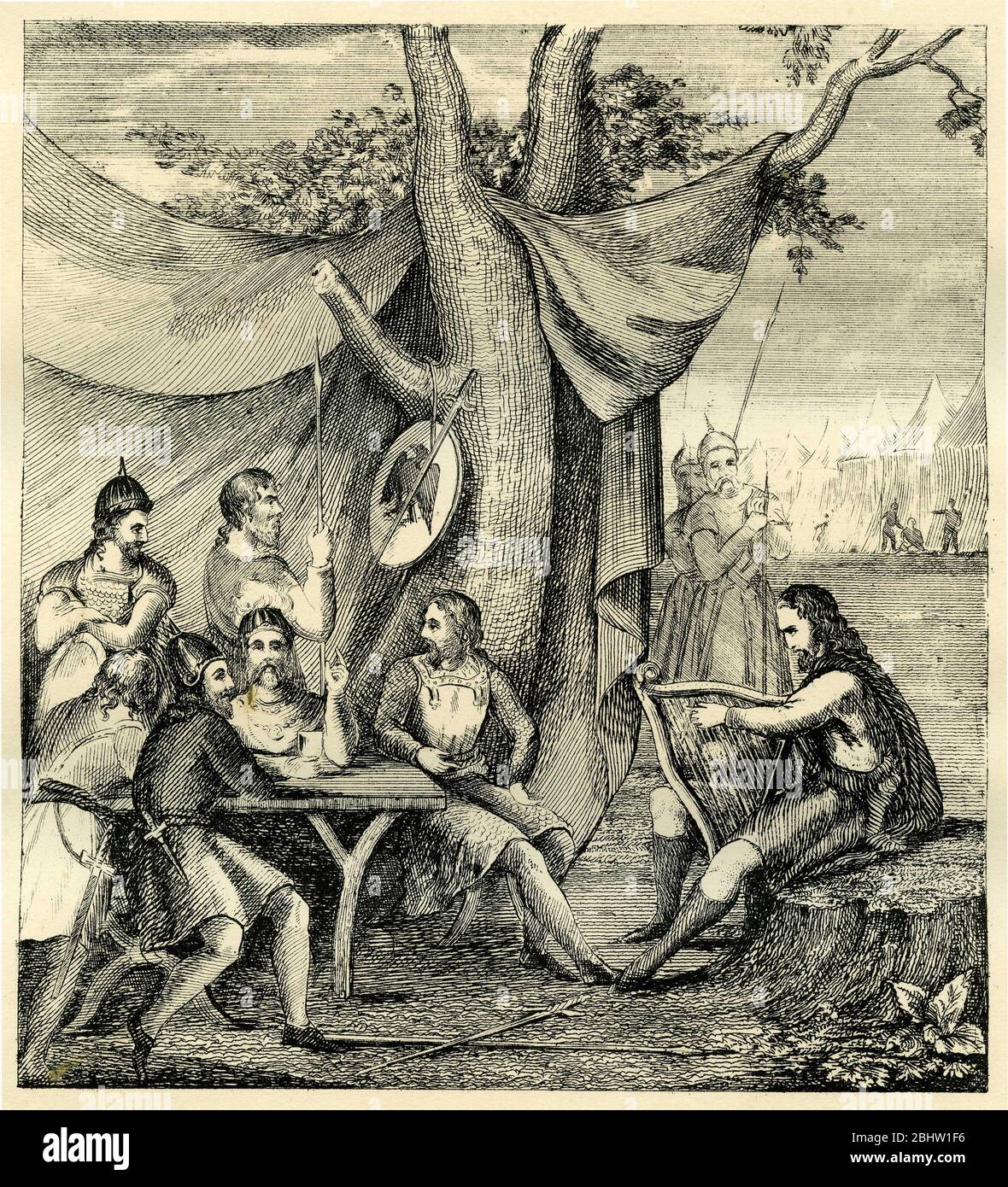 Gravure du roi Saxon Alfred le Grand dans le camp danois de ses enemeies, déguisées en minstrel errant, pour rassembler l'intelligence. Banque D'Images