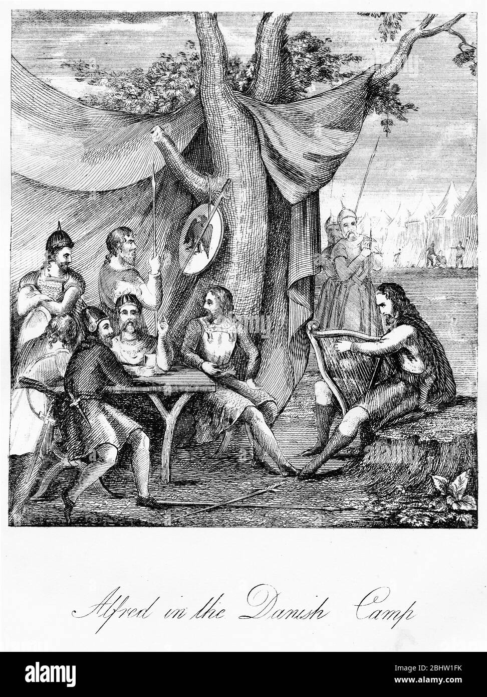 Gravure du roi Saxon Alfred le Grand dans le camp danois de ses enemeies, déguisées en minstrel errant, pour rassembler l'intelligence. Banque D'Images