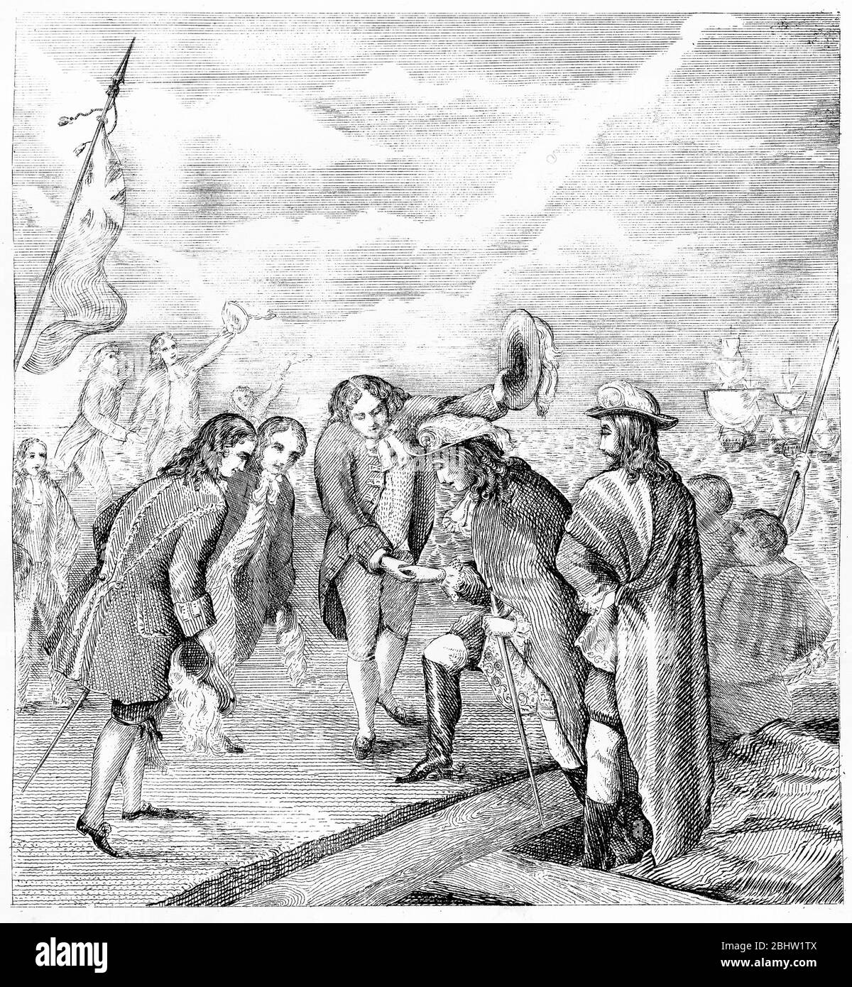 Gravure du Prince d'Orange, William III débarquant à Torbay, pour la glorieuse Révolution, 4 novembre 1688 Banque D'Images