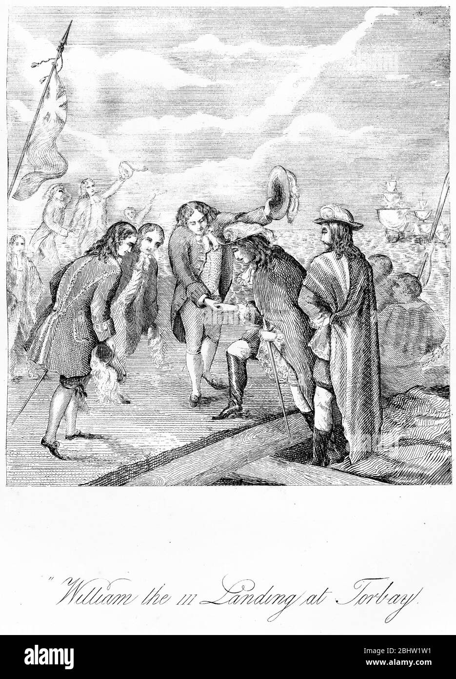 Gravure du Prince d'Orange, William III débarquant à Torbay, pour la glorieuse Révolution, 4 novembre 1688 Banque D'Images