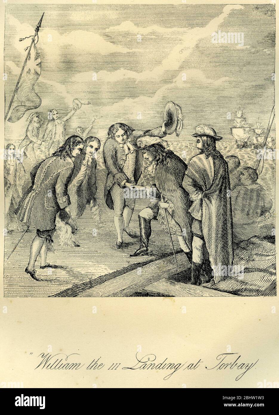 Gravure du Prince d'Orange, William III débarquant à Torbay, pour la glorieuse Révolution, 4 novembre 1688 Banque D'Images