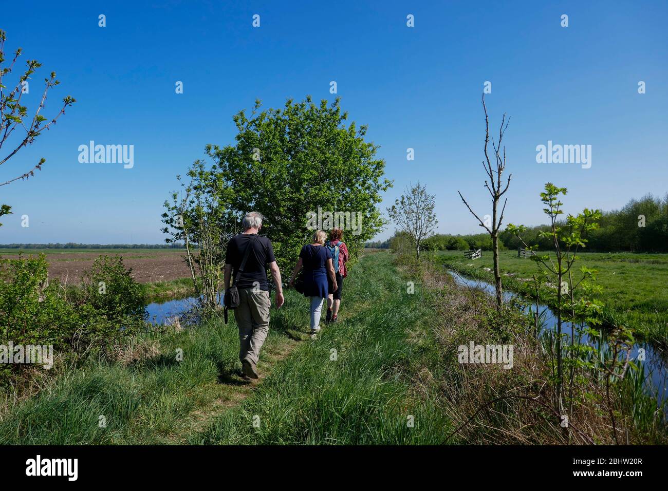 Les gens marchant sur un petit chemin à travers la zone rurale 'het groene hart' dans l'ouest de la Hollande Banque D'Images