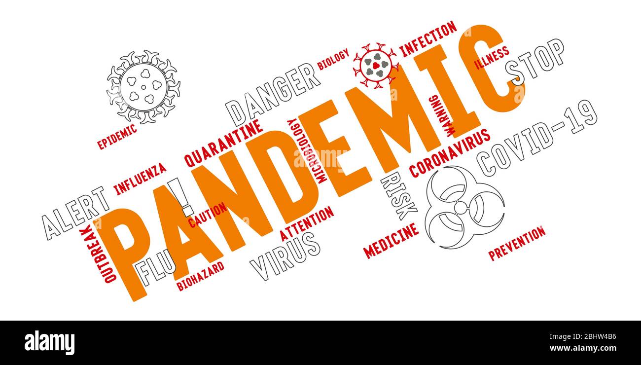 Typographie de lettrage de nuage de mots pandémique avec icônes stylisées de coronavirus sur fond blanc. Mots-clés sur le thème de la lutte contre le virus. Illustration de Vecteur
