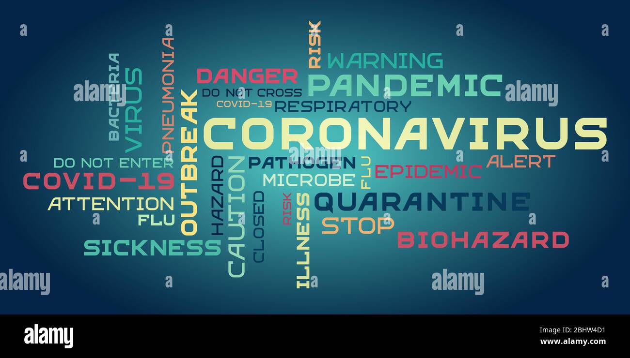 Typographie de lettrage de nuage de mots coronavirus sur fond sombre. Mots multicolores sur le thème de la lutte contre l'infection du coronavirus. Illustration de Vecteur