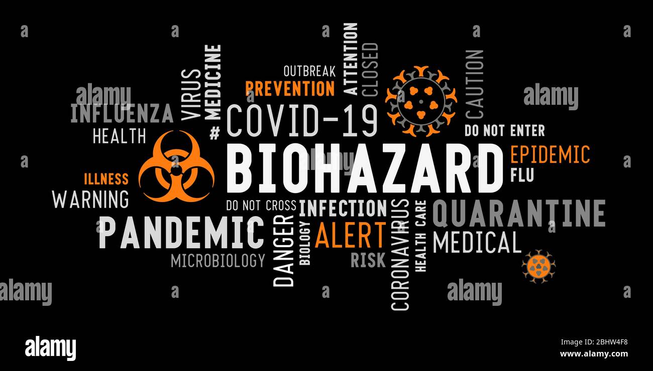 Typographie de lettrage de nuage de mots biodangereux avec icônes stylisées de coronavirus sur fond noir. Mots-clés sur le thème de la lutte contre le virus. Illustration de Vecteur