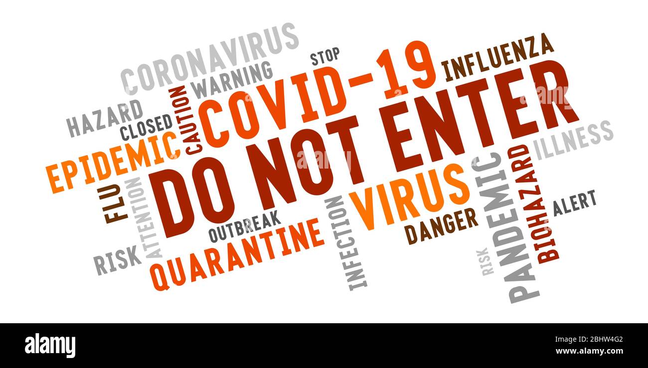 Typographie de nuage de mots-clés coronavirus marquée ne pas entrer sur fond blanc. Inscriptions rouges et noires sur le thème de la lutte contre le virus. Illustration de Vecteur