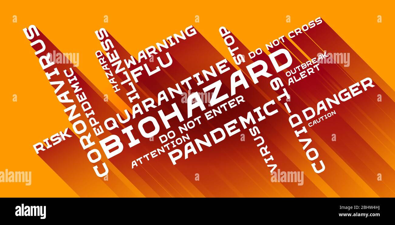 Typographie de lettrage de nuage de mots biodangereux avec des ombres longues sur un fond orange. Mots blancs sur le thème de la lutte contre l'infection virale Illustration de Vecteur
