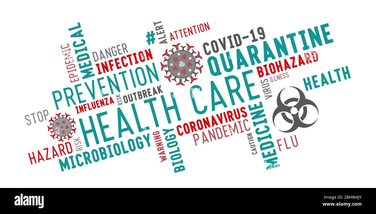 Mot-étiquette de soins de santé typographie de nuage avec des icônes stylisées de coronavirus sur un fond blanc. Mots sur le thème de la lutte contre le virus. Illustration de Vecteur