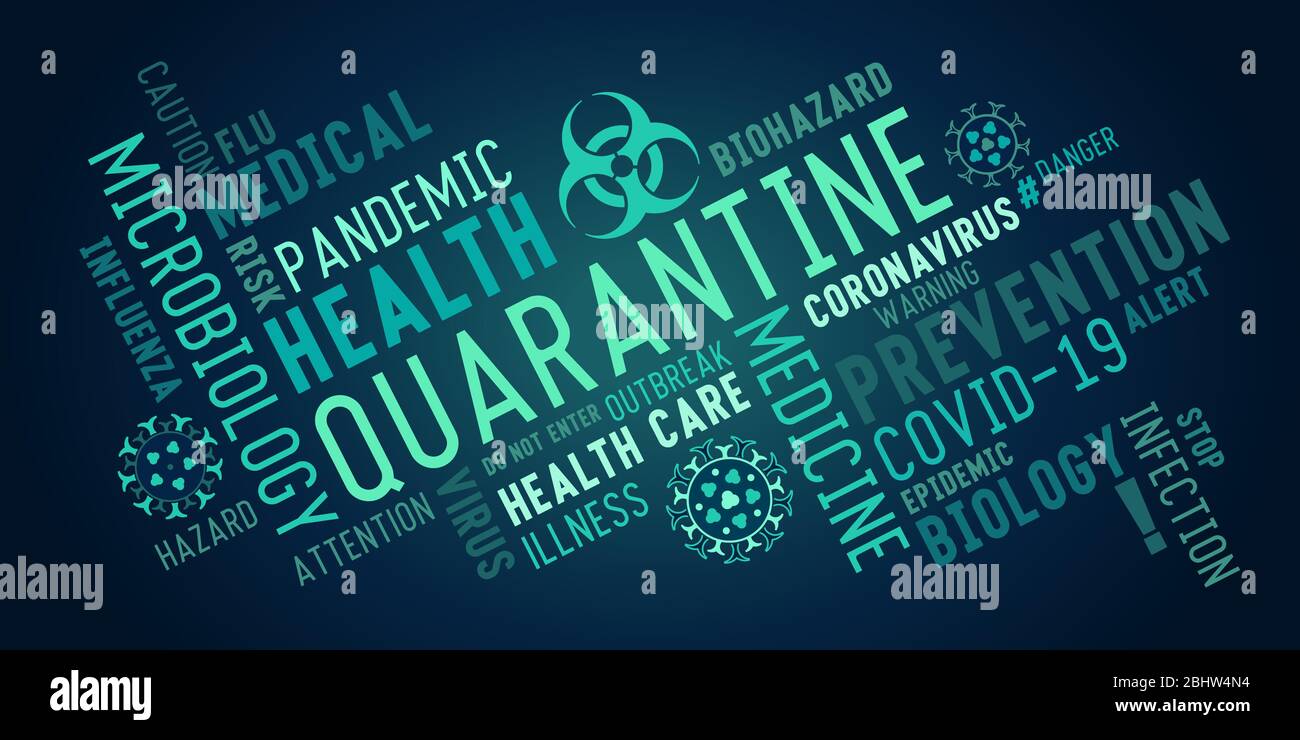 Mettre en quarantaine la typographie de type nuage de mots avec des icônes stylisées de coronavirus sur un fond sombre. Mots-clés sur le thème de la lutte contre le virus. Illustration de Vecteur