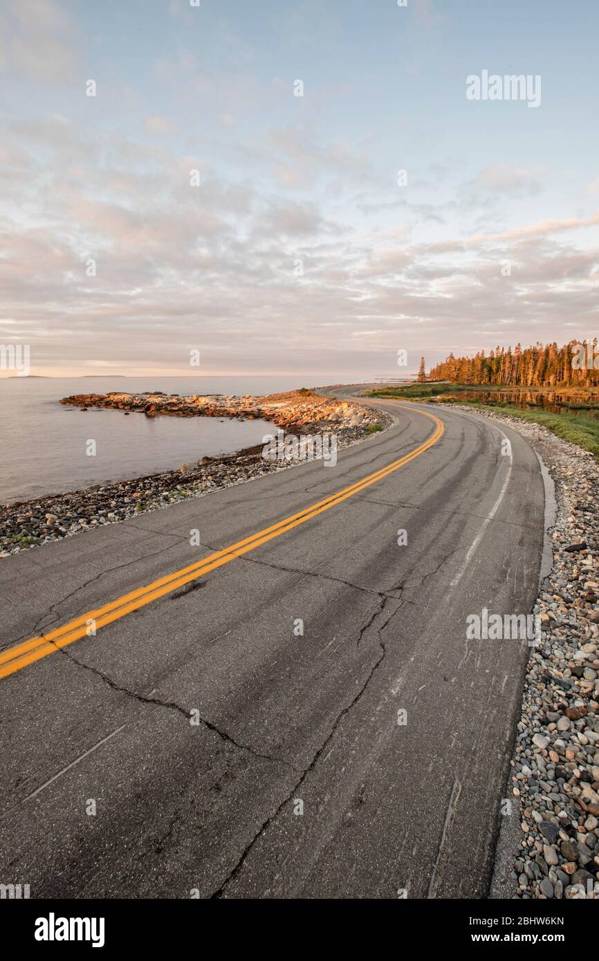 Une route enfile la côte sauvage du parc national Acadia, Maine Banque D'Images