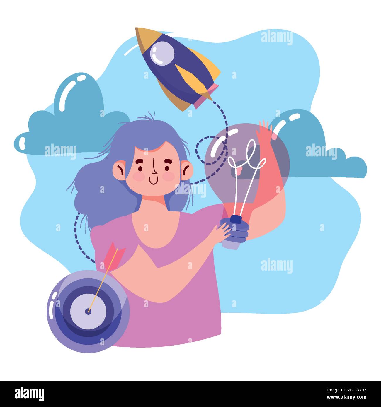 communication et technologie des personnes, fille avec cible d'ampoule et illustration vectorielle d'idée de fusée Illustration de Vecteur