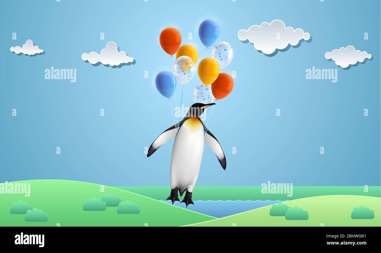 penguin vole avec des ballons dans le jardin Illustration de Vecteur