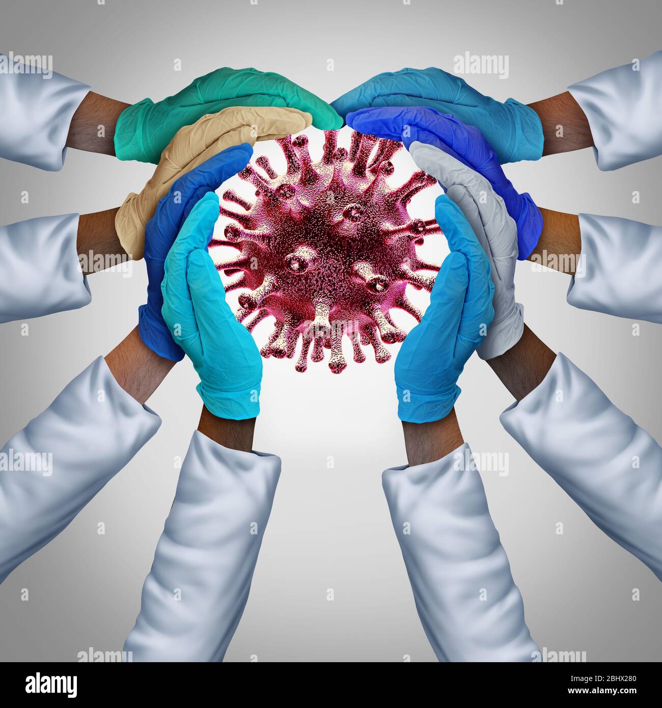 La recherche et la science médicale du coronavirus Covid-19 travaillent ensemble en tant que médecins se joignant aux mains en tant que groupe de médecine collaborant en tant que soutien à la santé. Banque D'Images