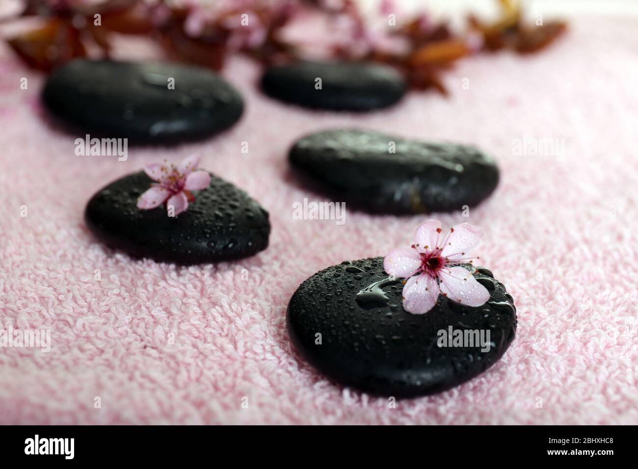 Pierres spa et fleurs printanières sur fond de serviette Banque D'Images