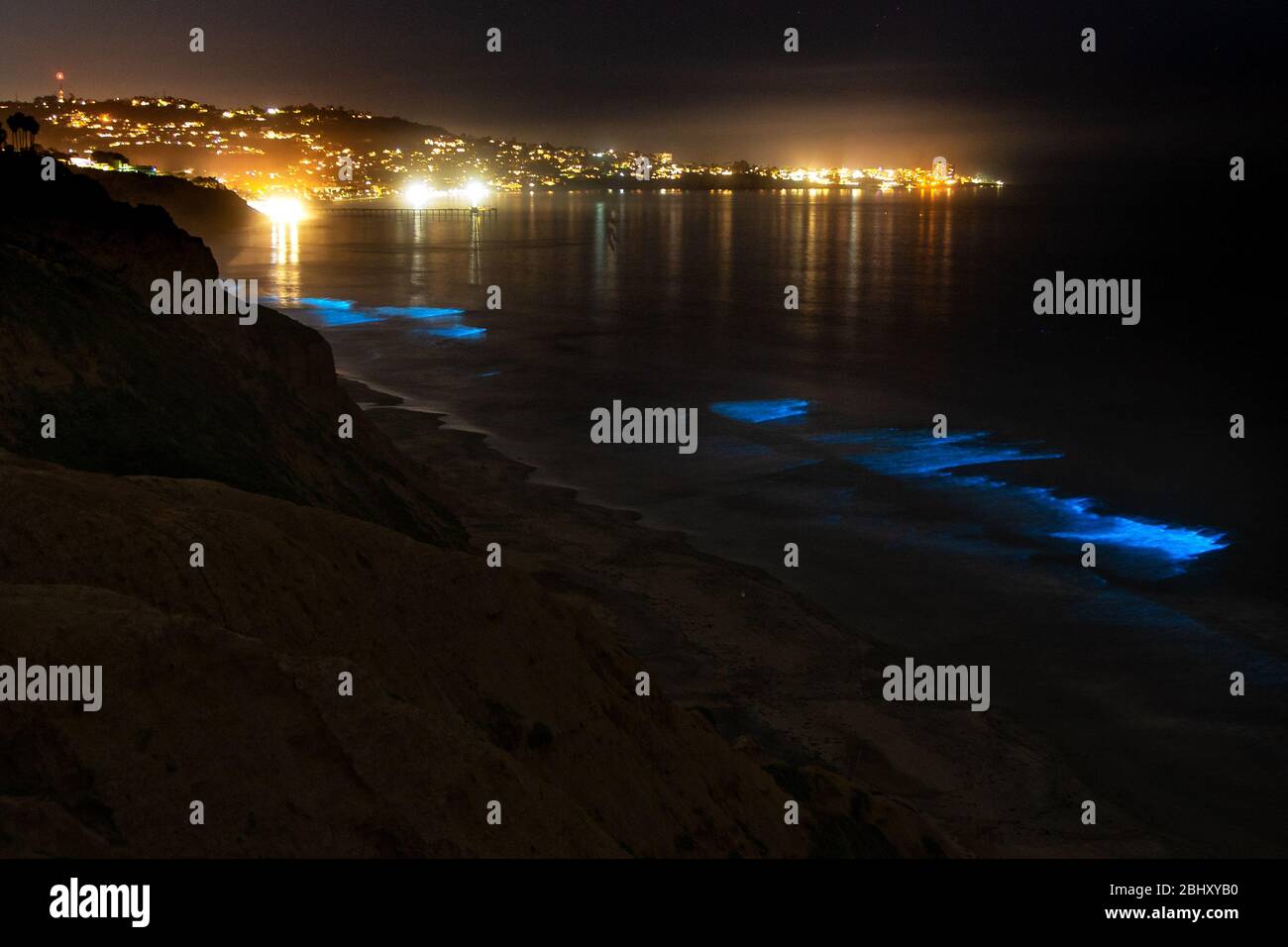 Les vagues de l'océan à Blacks Beach s'illuminent avec bioluminescence la nuit lors d'un événement de marée rouge à la Jolla, Californie. Banque D'Images