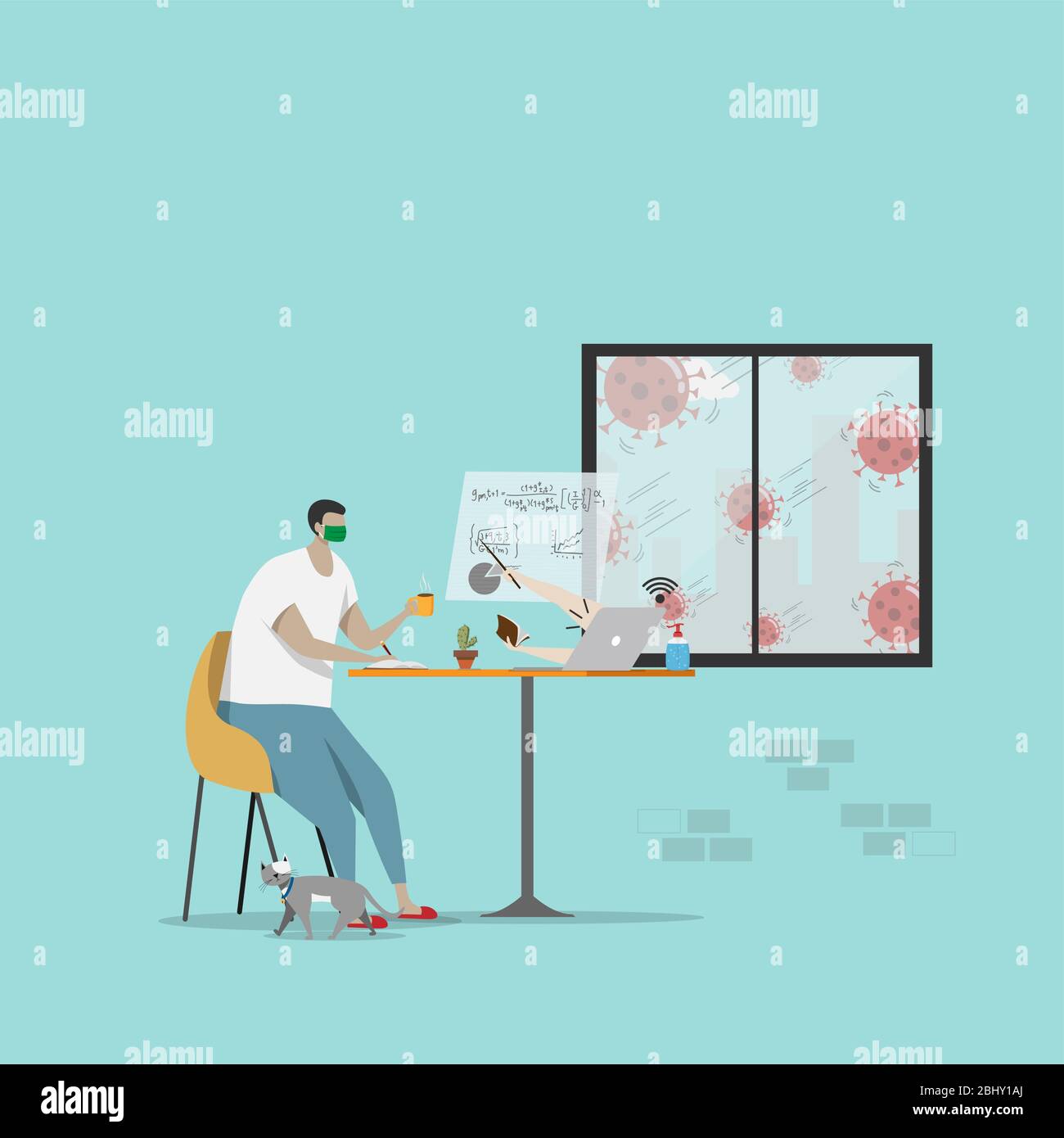 étudiant regarder la leçon en ligne et faire la conférence par ordinateur portable à la maison. homeschooling , e-learning éducation pendant l'auto-isolation pour éviter la propagation de la maladie Illustration de Vecteur