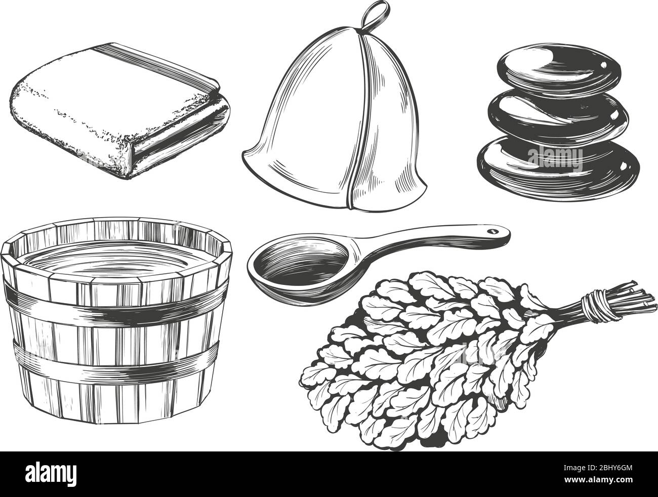 Accessoires de bain, sauna russe, eau, balai de vapeur, illustration vectorielle dessinée à la main esquisse réaliste. Illustration de Vecteur