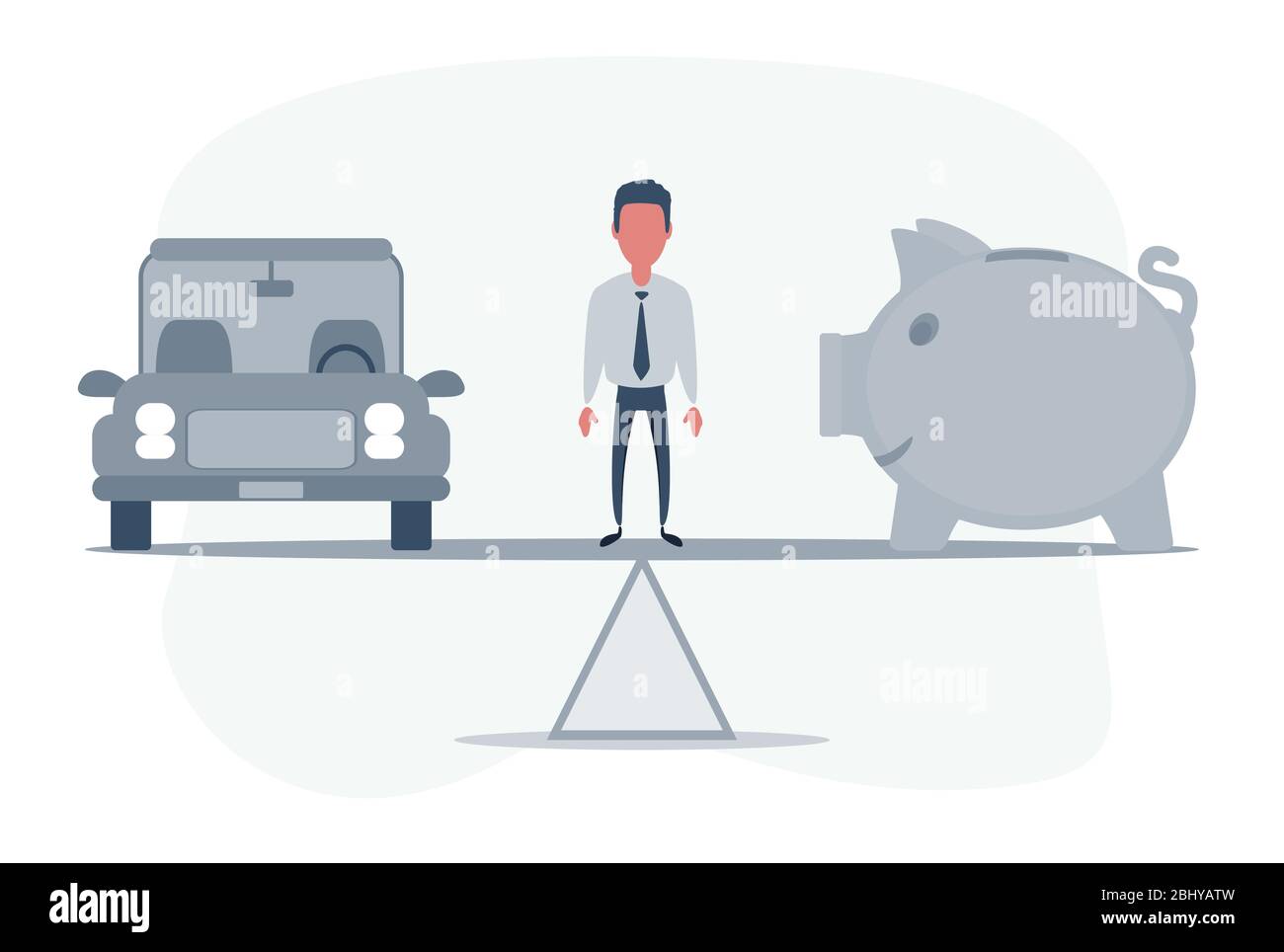 Automobile, prêt auto ou transformation des actifs en concept de trésorerie. Modèle de voiture, banque de porc sur une balance simple. Illustration de Vecteur