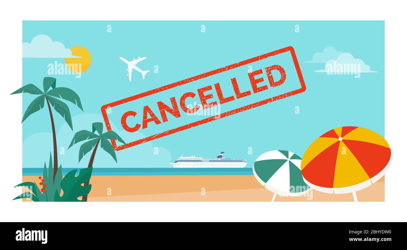 Annulation de vacances et de vol en raison de coronavirus covid-19, timbre rouge sur une belle plage avec bateau de croisière et avion Illustration de Vecteur