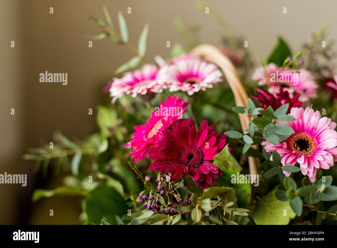 Joyeux cadeau de fête des mères de fleurs de printemps sur fond flou.Panier avec de belles fleurs lumineuses. Carte de vœux de fête des mères. Copier espace.vacances Banque D'Images