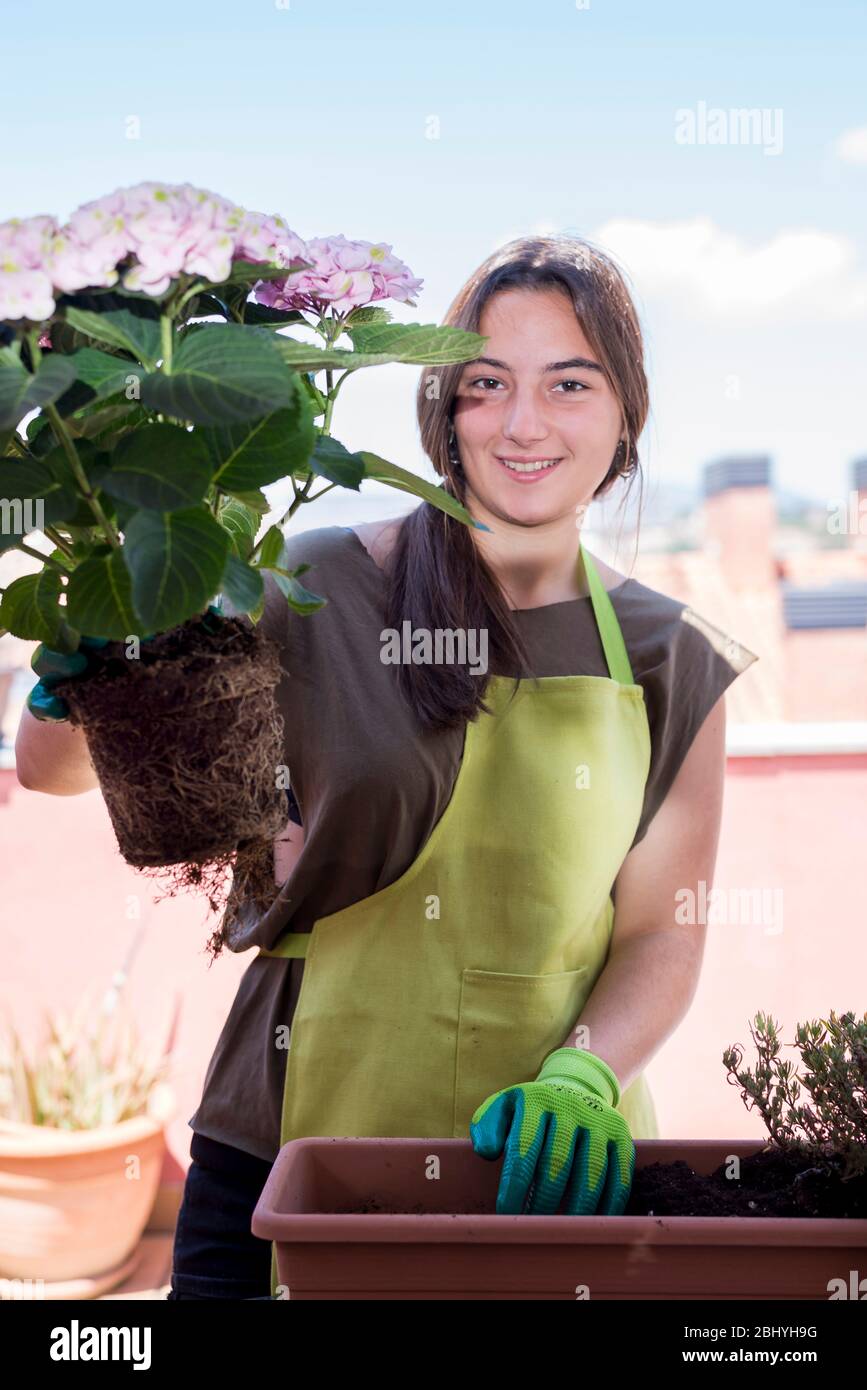 Jeune femme souriante portant un tablier de jardinier montrant une plante sur la terrasse de la maison Banque D'Images