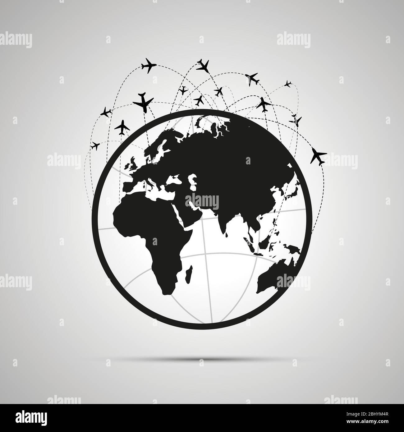 Beaucoup de traces d'avion avec des avions dans le ciel au-dessus de la carte du monde sur le globe, simple icône noire Illustration de Vecteur