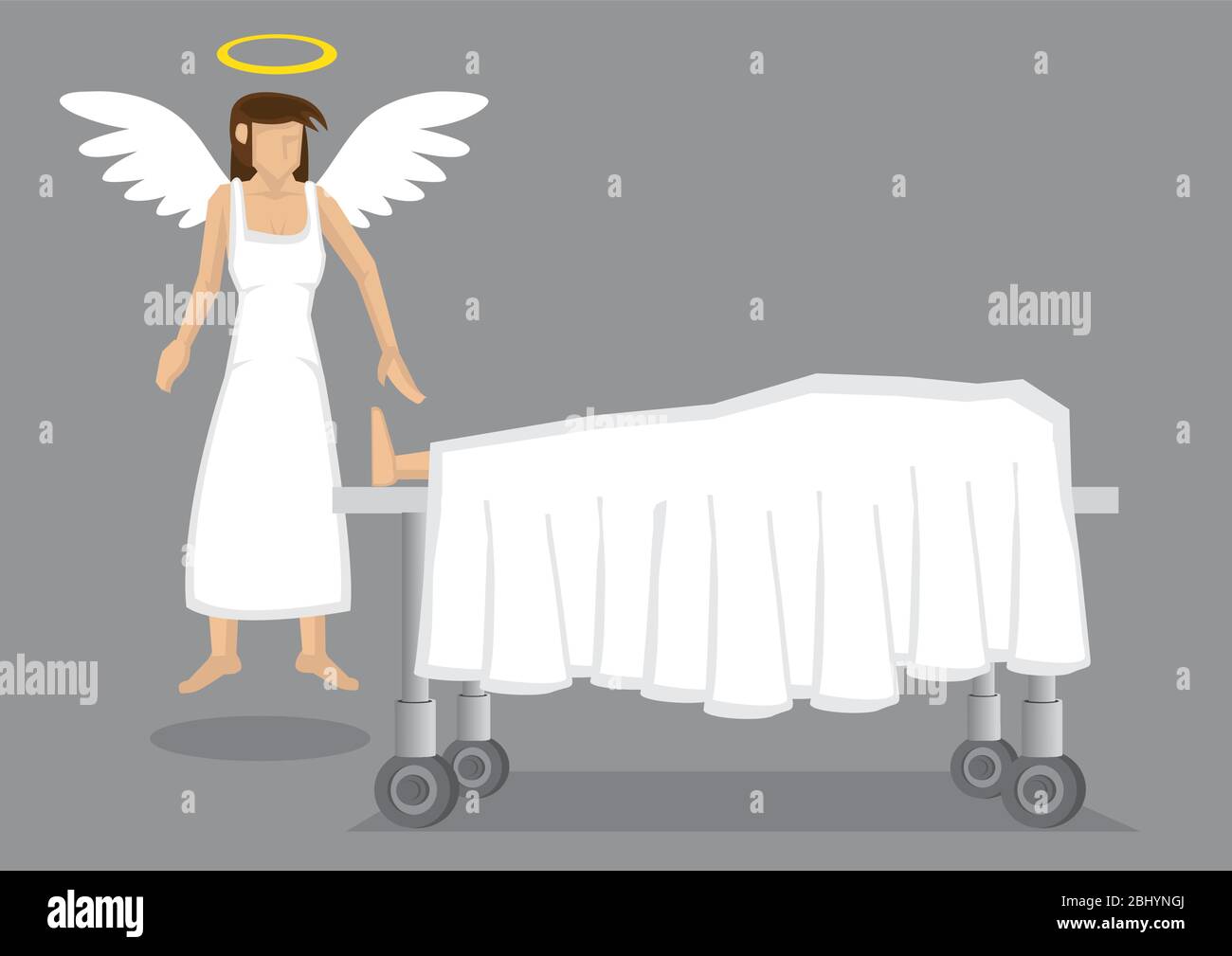Ange femelle en blanc avec ailes et halo sur le côté d'un corps mort sur le lit de mort recouvert de feuille. Illustration vectorielle de dessin animé après la mort expérimente Illustration de Vecteur