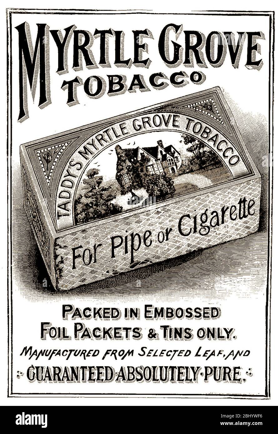 Une publicité victorienne britannique Myrtle Grove Tobacco 1896. Le mal photographié sur la production, après laquelle la marque a été nommée avait été construite en 1588 pour Sir Walter Raleigh à Youghal dans le comté de Cork, en Irlande, où il était maire en 1588-89. Certains chercheurs prétendent que le South Gable de Myrtle Grove est là où Edmund Spenser est réputé avoir écrit une partie de son poème le Feyrie Quene Banque D'Images