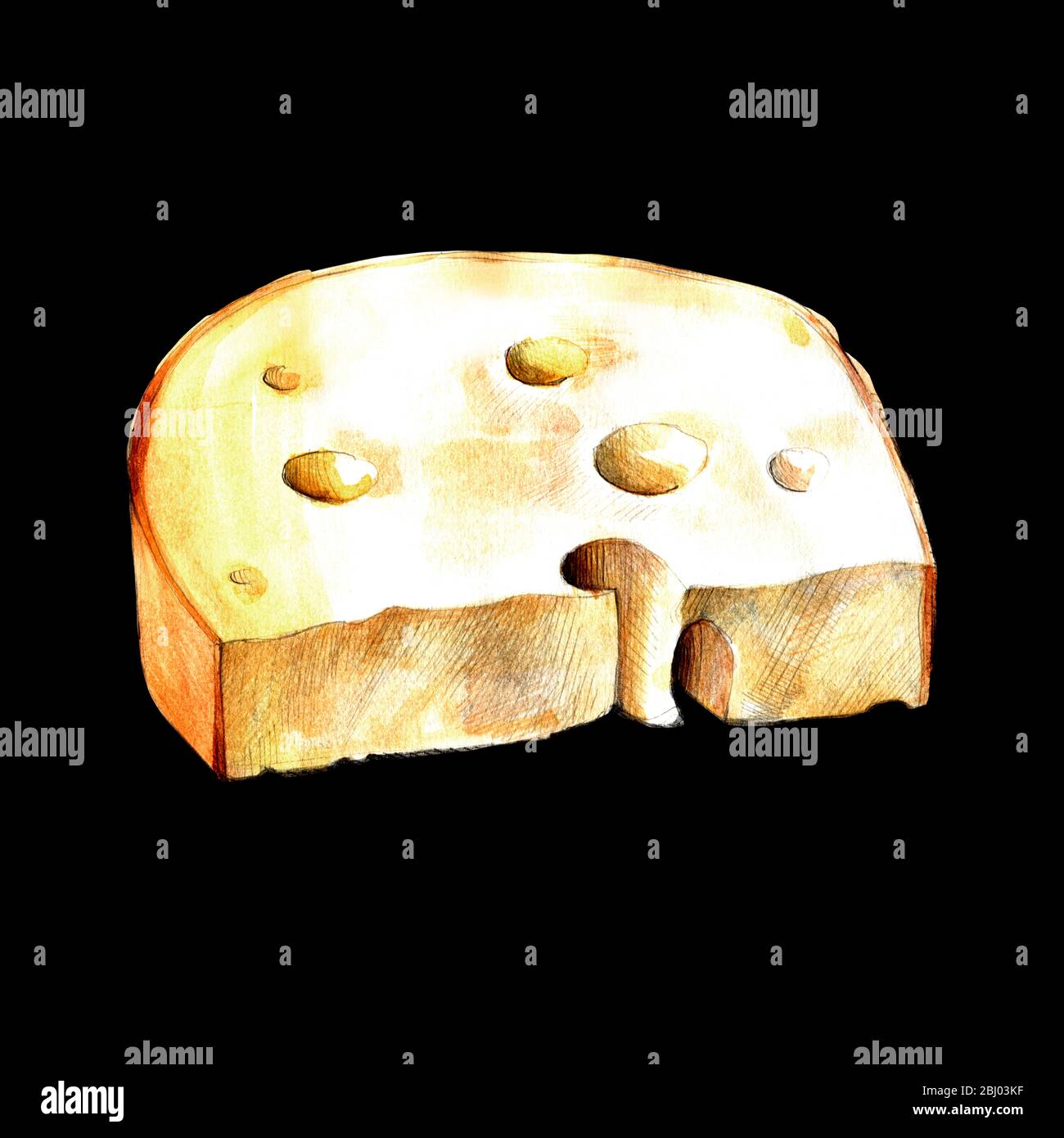 Illustration de l'aquarelle du fromage sur fond noir Banque D'Images