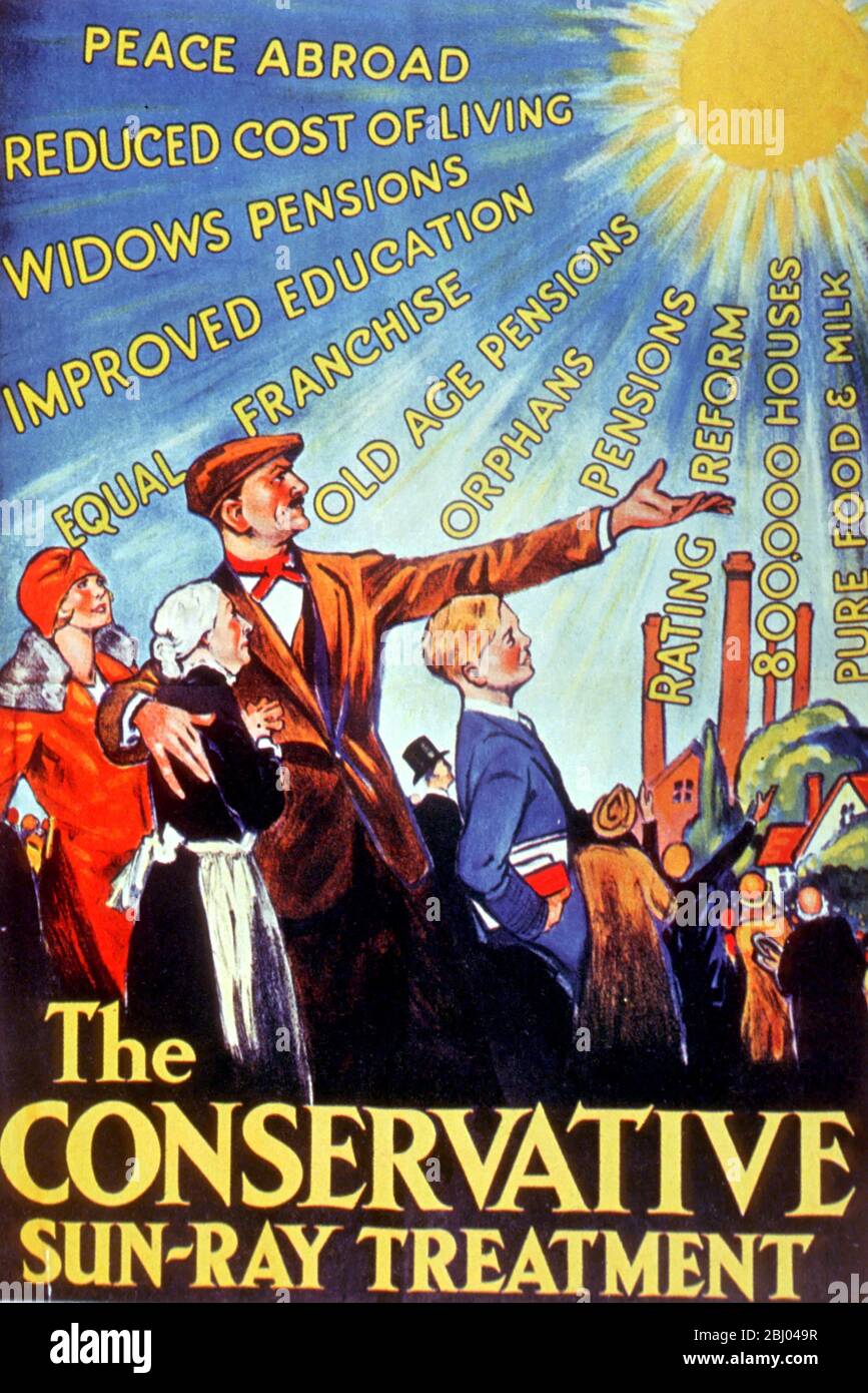 Affiche électorale - le traitement conservateur par rayons du soleil - la paix à l'étranger, réduction du coût de la vie, pensions des veuves, amélioration de l'éducation, franchise égale, pensions de vieillesse, orphelins, pensions, réforme de notation, 800 000 maisons, alimentation pure et lait Banque D'Images