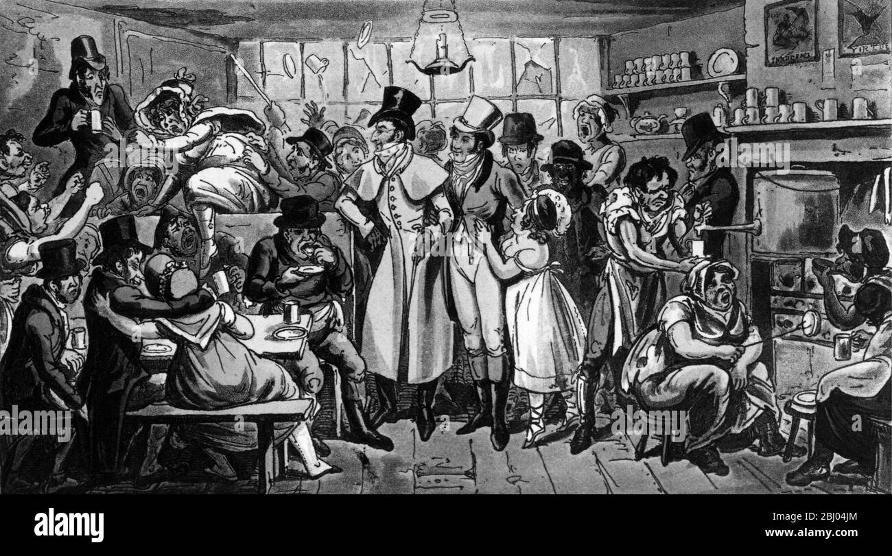 Tom & Jerry à un café près des Jeux olympiques de Pierce Egan's Life à Londres 1821 dessiné et gravé par I. R. et G. Cruikshank. The British Museum, Londres (Reading Room) (J. R. Freeman) - Tom et Jerry, ou la vie à Londres a été une adaptation de scène par William Moncrieff de Pierce Egan's Life à Londres, ou jours et nuits de Jerry Hawthorne et son ami élégant Corinthian Tom. Il courut au Adelphi Theatre de Londres entre 1821 et 1823 et à plusieurs théâtres de New York à partir de 1823. - Banque D'Images
