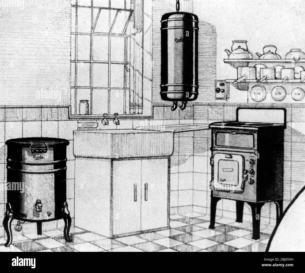 Publicité pour les appareils Creda. Une cuisinière électrique Creda, une chaudière à eau et un chauffe-eau pour la cuisine - entre les guerres Banque D'Images
