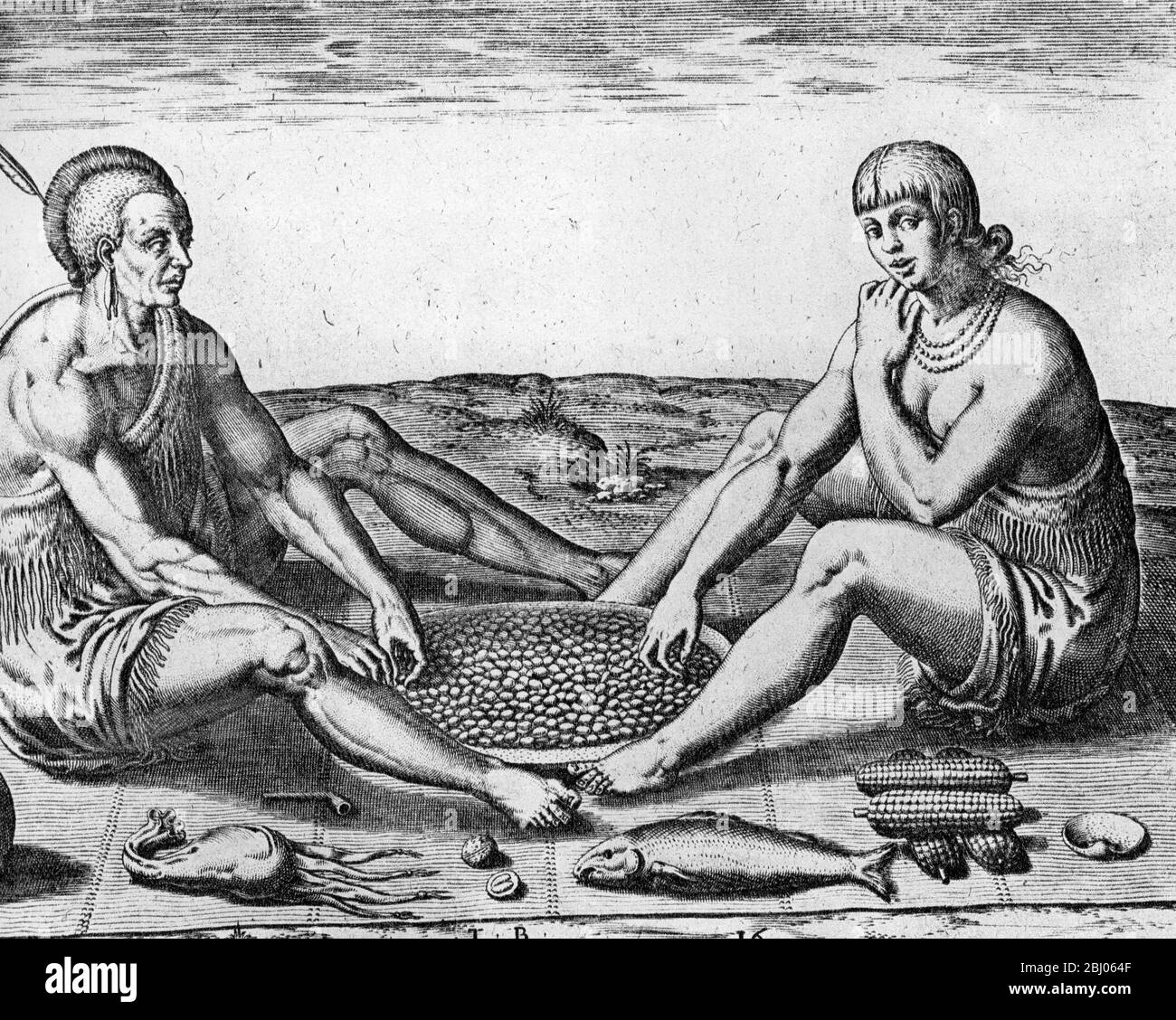 Homme indien et femme manger, c 1585, gravure de la vie en Virginie par Theodore de Bry's après les aquarelles de John White - Comment ils mangent. - ils posent un tapis de brindilles sur le sol et mettent leur viande au milieu. Puis ils s'assoient autour des hommes d'un côté les femmes de l'autre. Leur repas est composé de maïs bouilli, de la chair de cerf, d'autres viandes et poissons. Banque D'Images