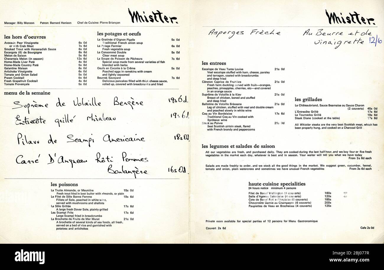 Carrier Collection of menus - Restaurant Whistler - 128 Kings Road, Chelsea, Londres, Angleterre Banque D'Images
