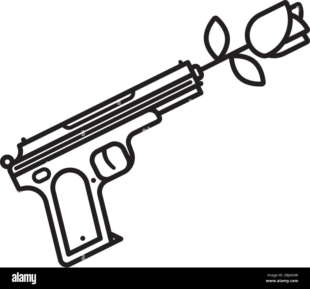 Pistolet avec fleur rose dans le canon icône de ligne vectorielle. Symbole de la paix et du pacifisme. Illustration de Vecteur
