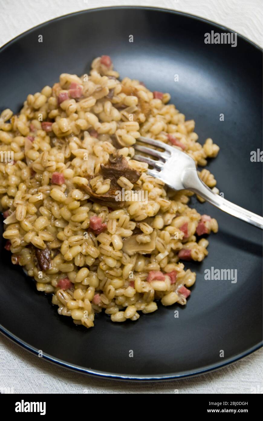 Risotto à l'orge composé de champignons sauvages séchés, de jambon fumé en dés, d'oignons et de bouillon de poulet. - Banque D'Images