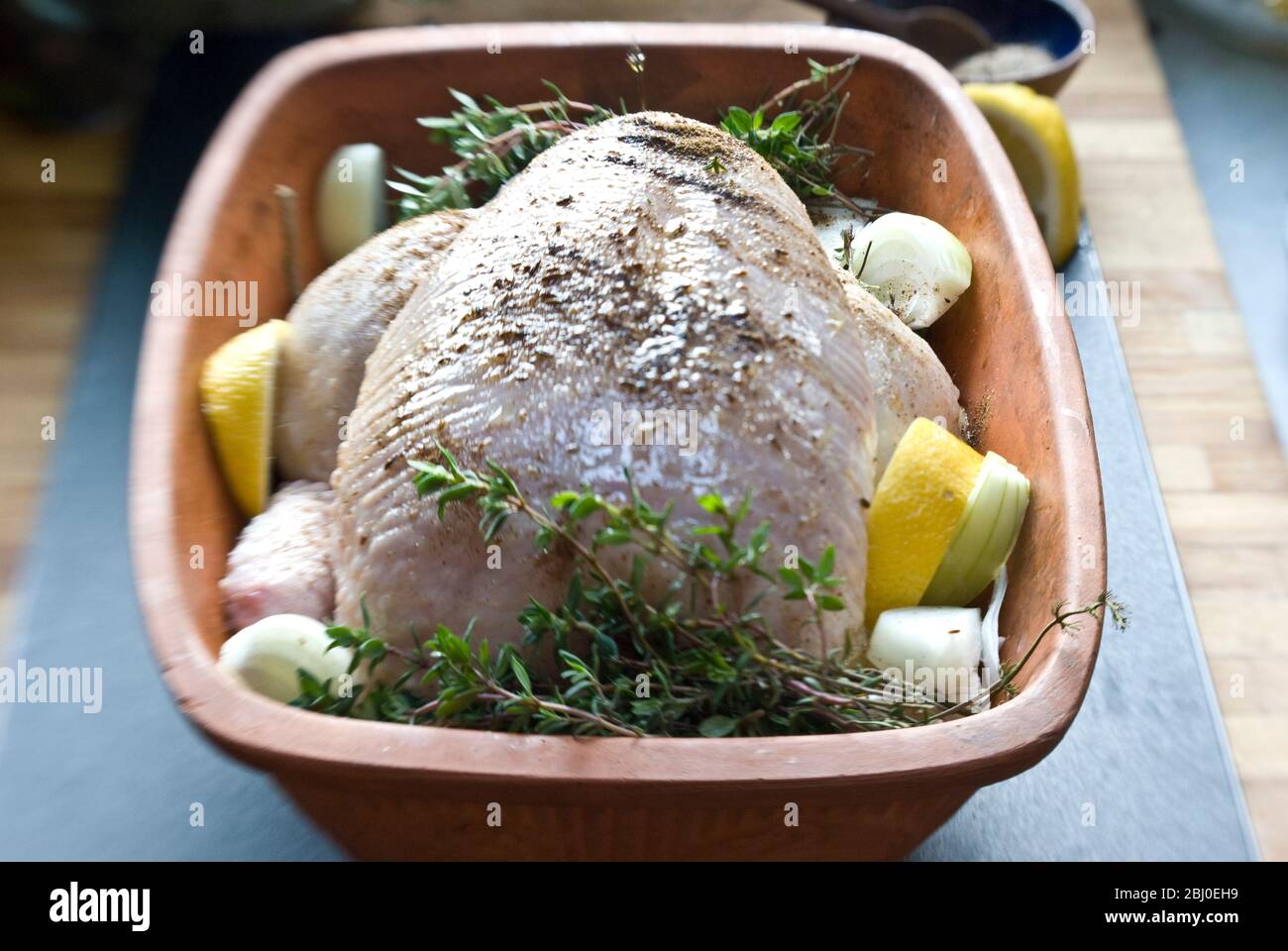 Poulet biologique en brique de poulet avec des quartiers de citron, thym frais, oignons, épices, vin blanc et huile d'olive, avant d'être mis au four - Banque D'Images
