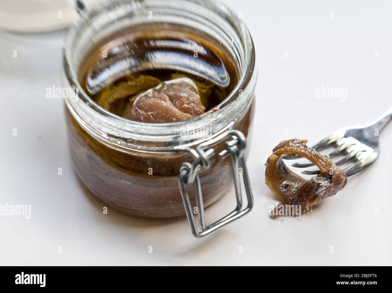 Filets d'anchois dans l'huile pour préserver le pot, avec un seul congé sur une fourche - Banque D'Images