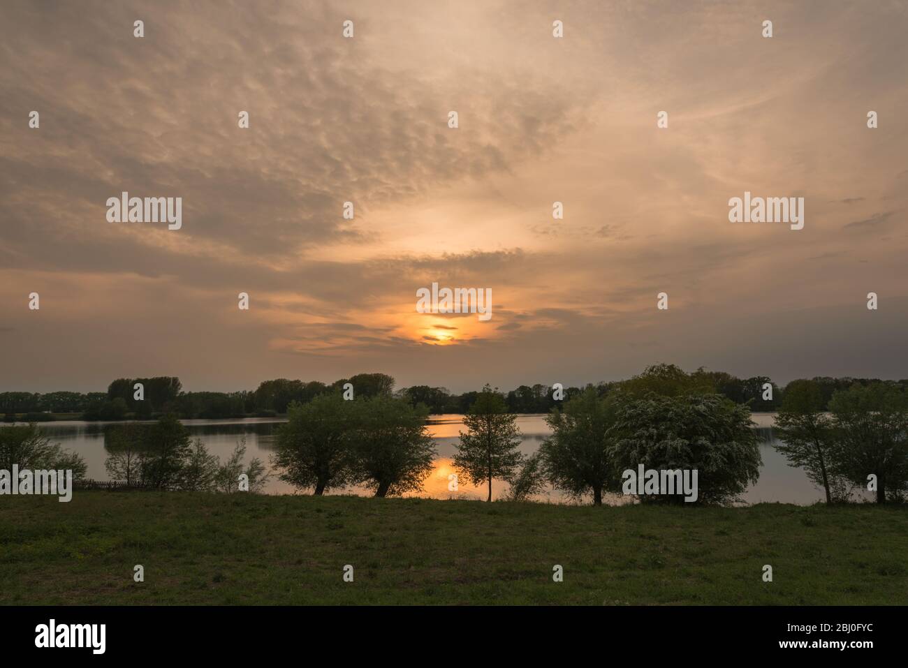 Coucher de soleil au Viersee ou au lac Vierer, Schleswig-Holsteinische Schweiz, communauté de Bosau, comté de Plön, Schleswig-Holstein, Allemagne, Europe Banque D'Images