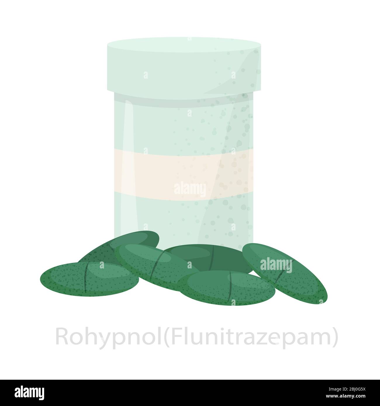 Rohypnol dans un pot et des pilules vertes. Le concept de flunitrozepam Illustration de Vecteur
