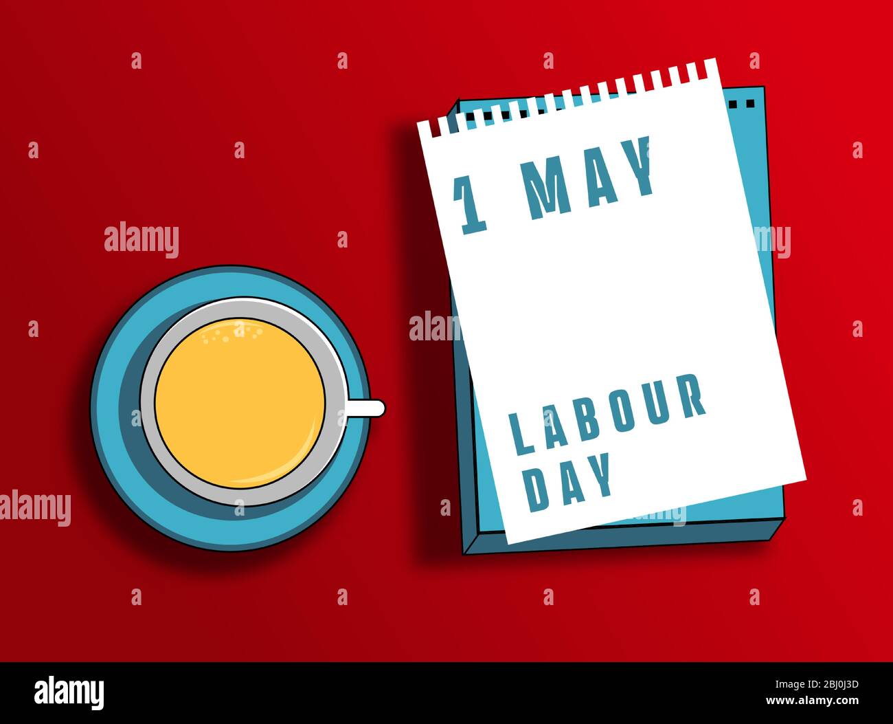 Affiche ou bannière joyeuse de la journée du travail. 1er mai Journée internationale du travail. Illustration d'une tasse de café et de papier indiquant la fête du travail. Illustration de Vecteur