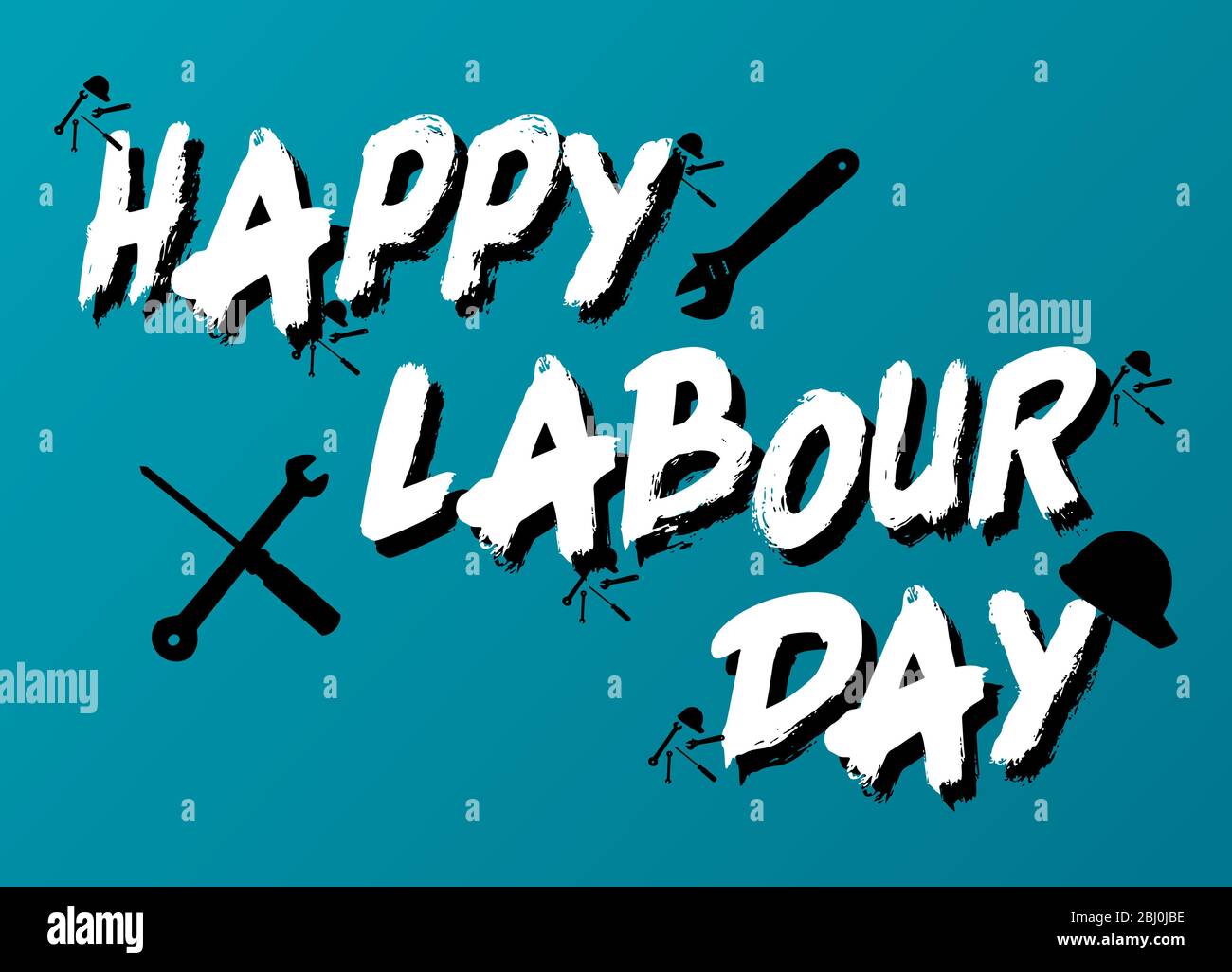 Affiche ou bannière de la journée de travail heureuse en jaune et noir. 1er mai Journée internationale du travail. Carte de vœux avec lettrage. Typographie du jour du travail. Illustration de Vecteur