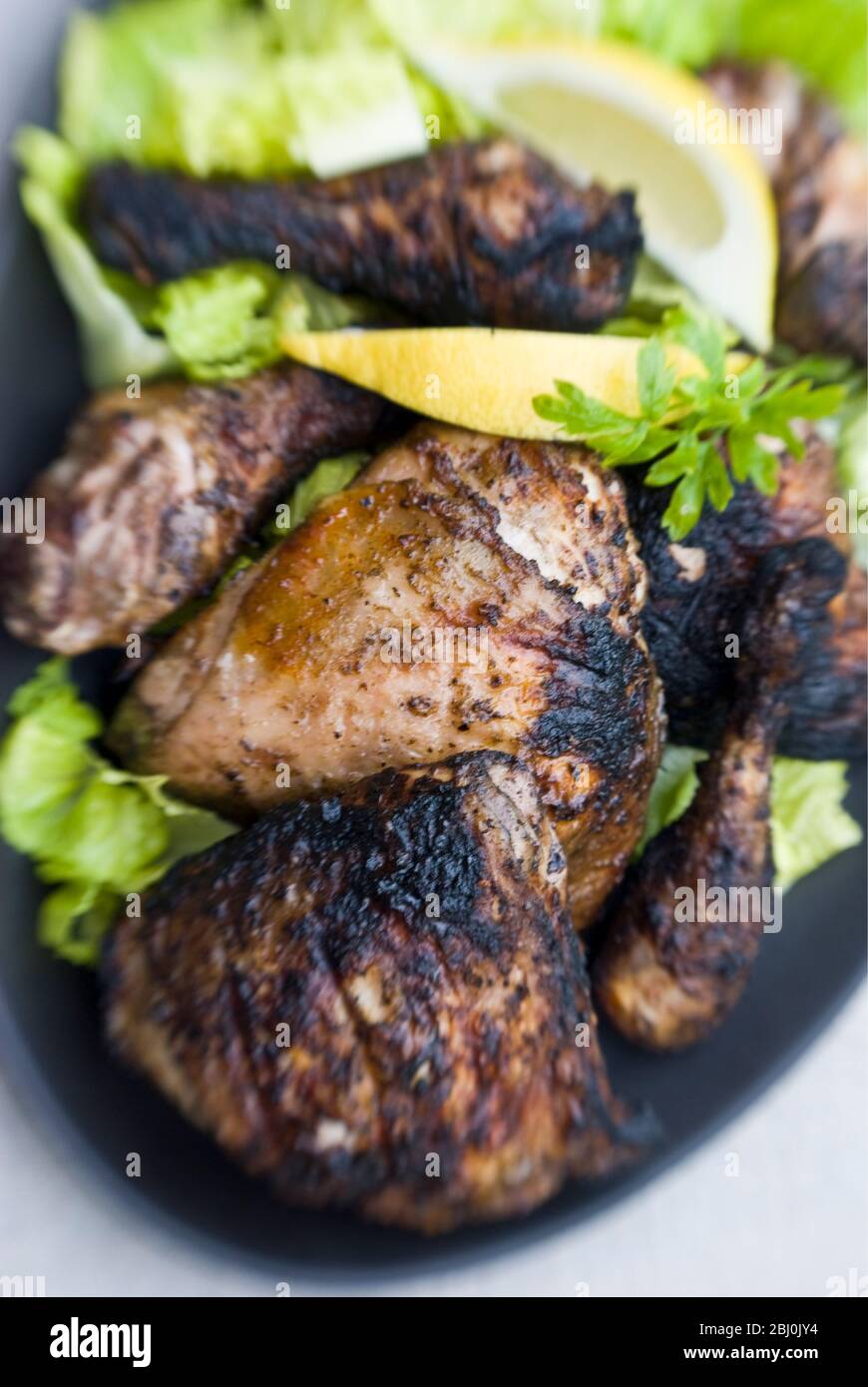 Pattes de poulet grillé sur le platère avec salade à l'extérieur - Banque D'Images